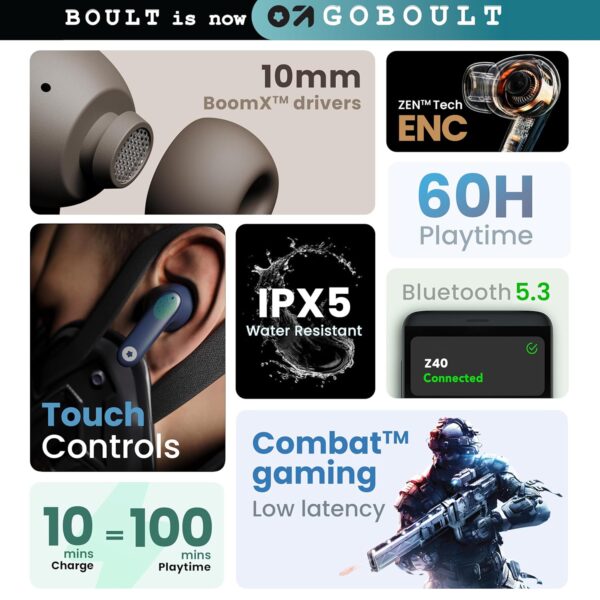 GOBOULT Z40 True Wireless in Ear Earbuds with 60H Playtime, Zen™ ENC Mic, Low Latency Gaming, Type-C Fast Charging, Made in India, 10mm Rich Bass Drivers, IPX5, Ear Buds TWS (Blue) - Image 10